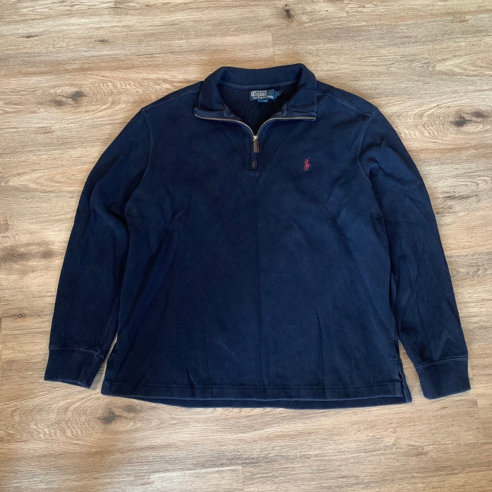 Polo Ralph Lauren Mens Navy Blue Quarter Zip Cotton Knit Pullover Sweater Large